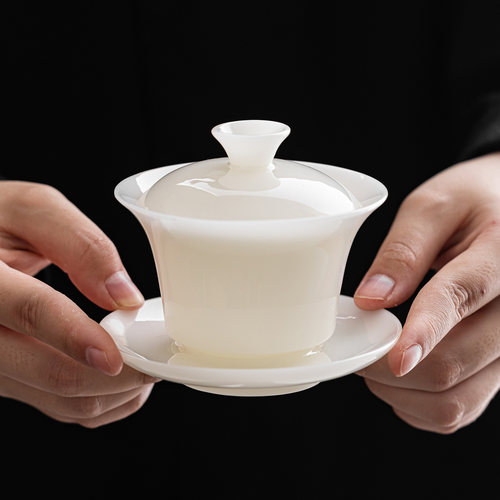 盖碗德化白瓷三才茶碗冰种玉瓷