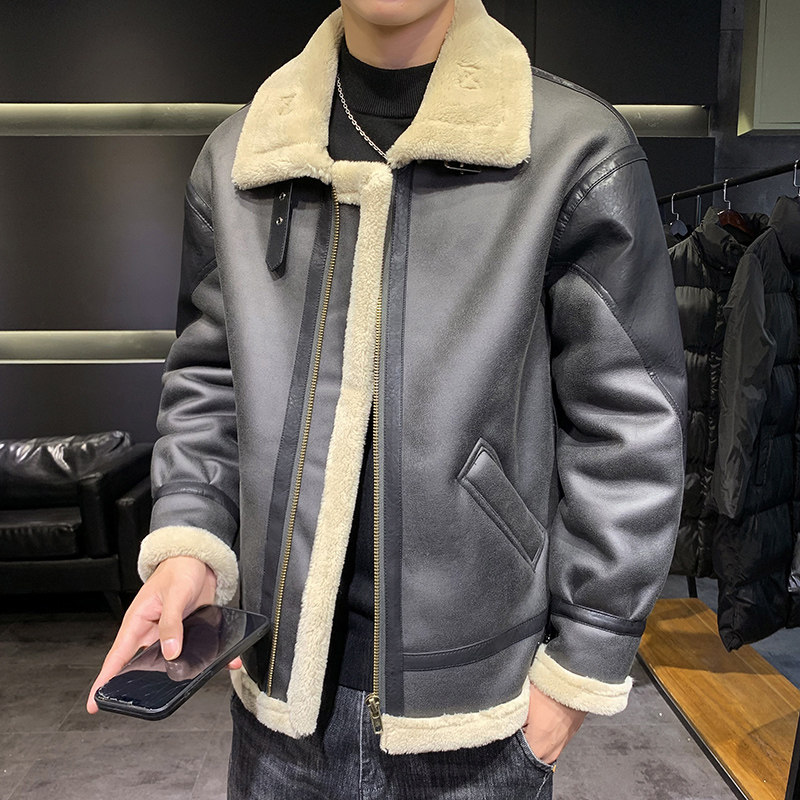 羊羔毛外套男士皮毛一体冬季宽松大码加绒加厚棉袄棉衣潮流夹克男