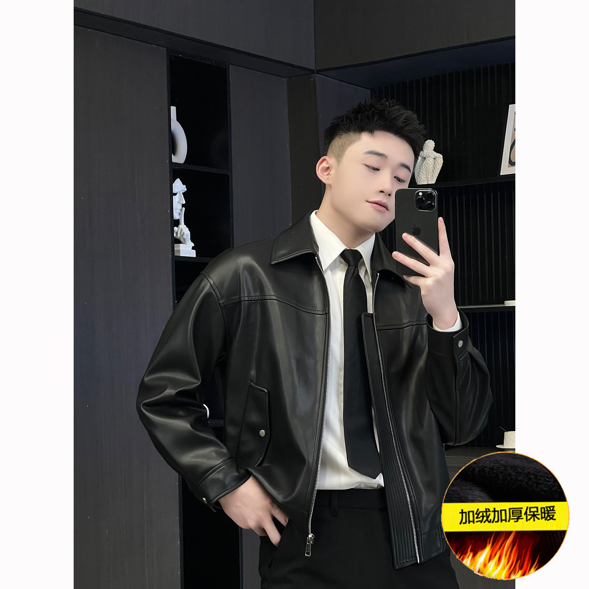 2026春秋季韩版宽松加绒软PU皮衣夹克男机车痞帅短款短拉链外套潮