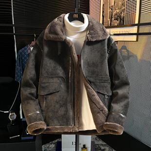 冬季皮毛一体男外套加绒加厚麂皮绒羊羔毛复古机车服飞行夹克皮衣