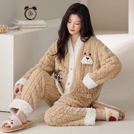2025新款女士睡衣冬季珊瑚绒保暖加厚卡通可爱长袖开衫家居服套装