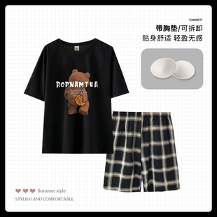 卡通休闲可外穿宽松大码 带胸垫短袖 套装 睡衣女夏季 家居服 纯棉薄款