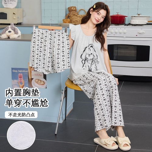 纯棉带胸垫女夏可外穿睡衣三件套