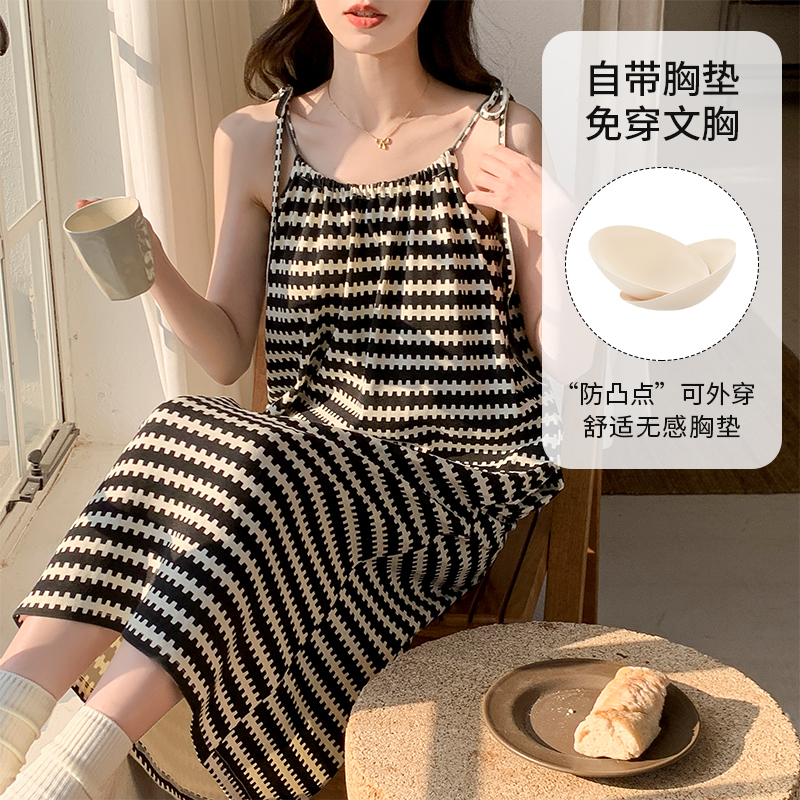 带胸垫夏季2025新款仿棉女士睡裙无袖吊带中长款可外穿家居服睡裙