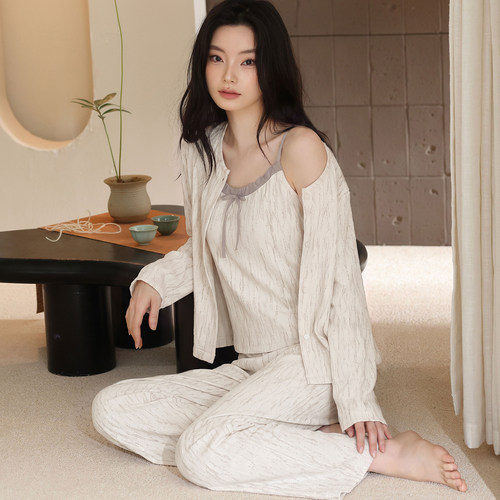 秋季纯棉吊带胸垫女睡衣三件套