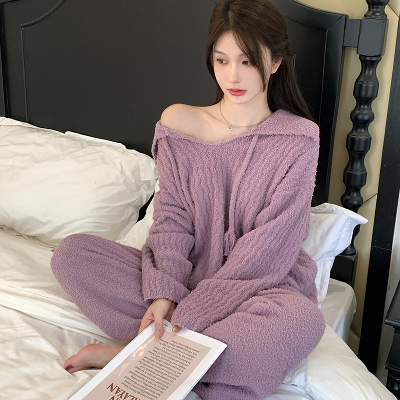 半边绒睡衣女款秋冬季2025新款长袖长裤保暖厚款家居服可外穿套装
