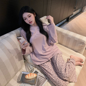 新款 纯棉圆领长袖 长裤 带胸垫女士睡衣秋季 可外穿豹纹家居服套装