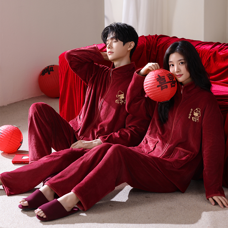 情侣睡衣冬红色喜庆本命年法兰绒保暖加厚立领长袖拉链家居服套装