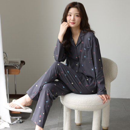 女士睡衣纯棉长袖长裤简约翻领开衫秋冬季新款可外穿家居服套装