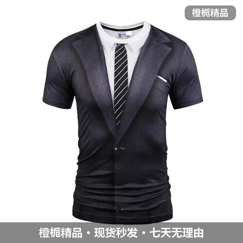 短袖T恤男夏季假两件印花领带图案