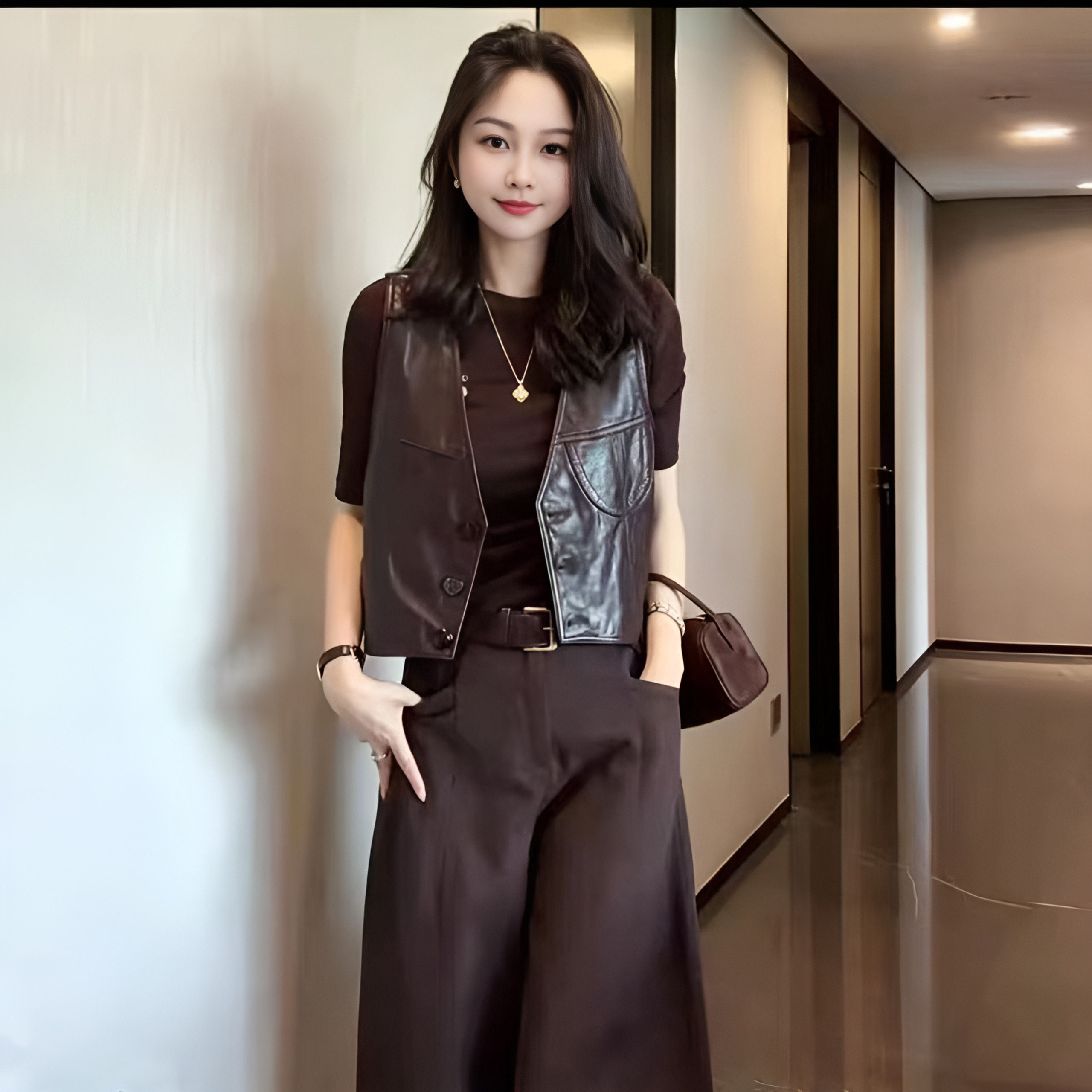 V领皮马甲外套女2026春秋季新款韩版时尚小个子气质百搭坎肩上衣