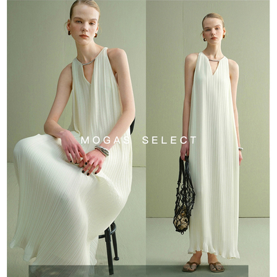 立体百褶挂脖无袖连衣裙女春季