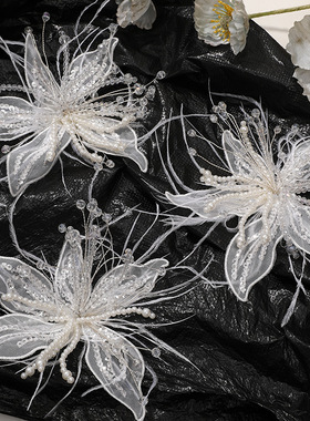 仙美纯欲白色蕾丝羽毛珍珠水晶花diy扭丝花头饰抓夹胸花服饰辅料