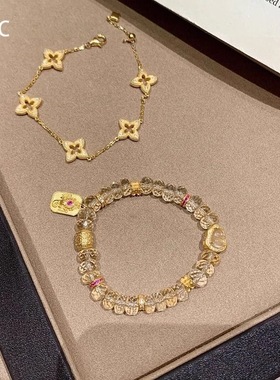 「八方来财」中古布契风镂空点钻四芒星手链女轻奢千金感叠戴手饰