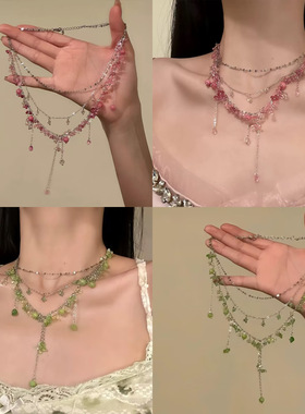 超仙氛围感粉绿串珠项链多层叠戴choker颈链女甜美小众高级锁骨