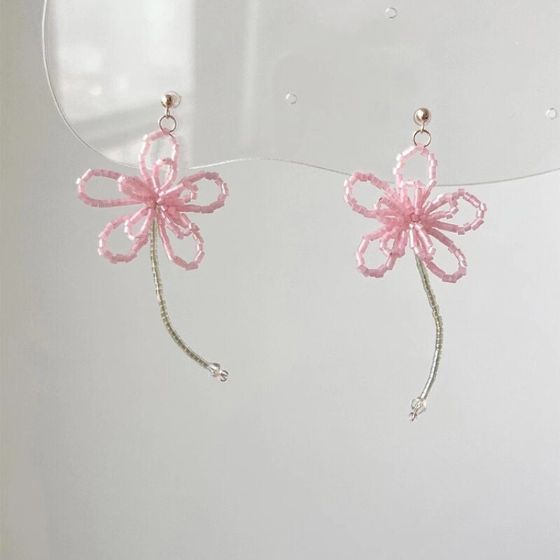 「花楹少女」粉色奶油米珠花朵流苏耳钉新款精致甜美风手工耳饰女