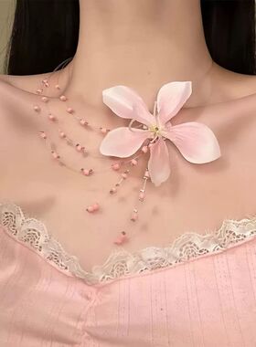 春夏季粉红色花朵串珠项链多层叠戴锁骨链choker海边氛围感颈链