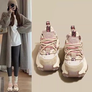 明星同款真皮复古厚底老爹鞋女2023秋冬季新款增高运动休闲小白鞋