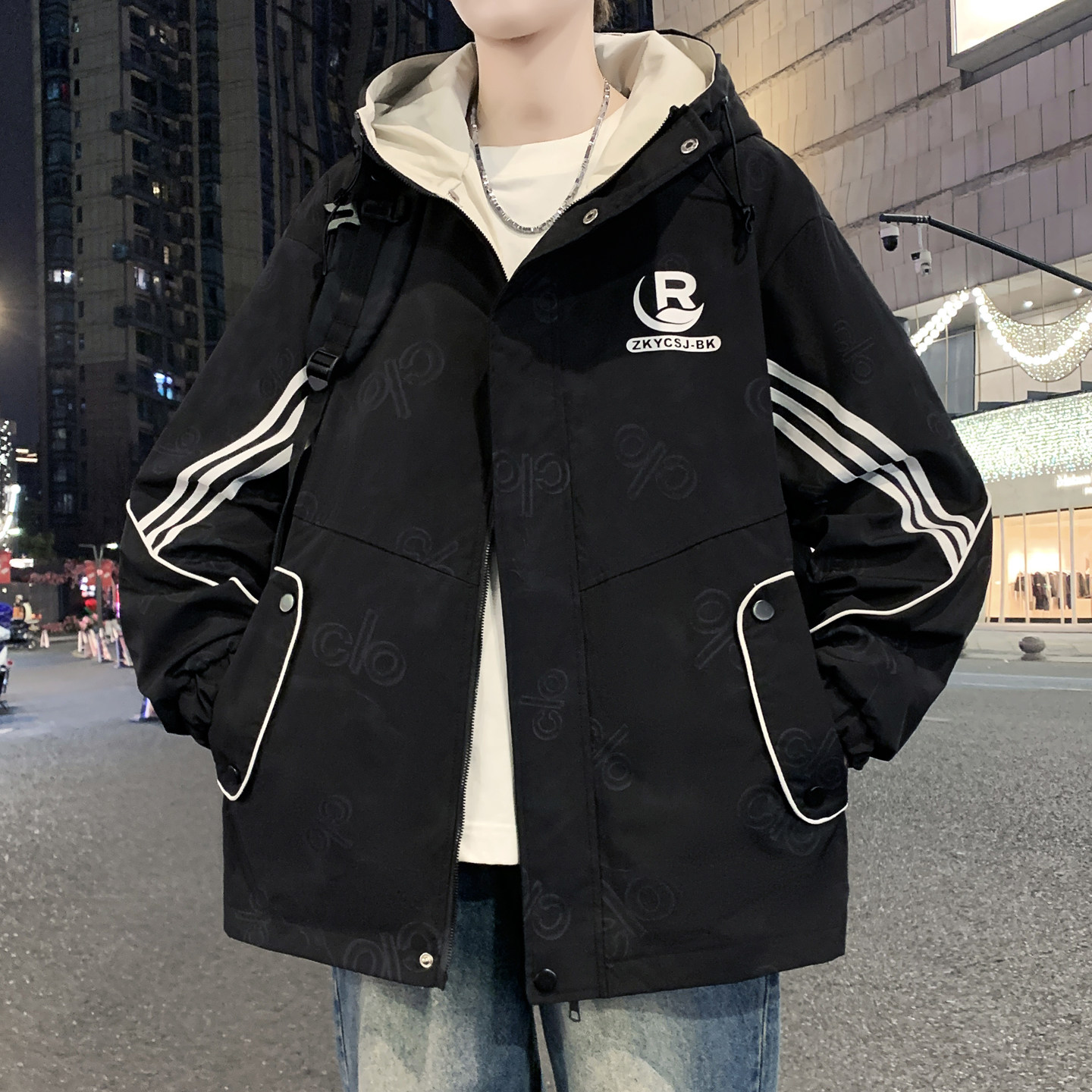 美式风廓形夹克男春秋季新款连帽衣服青少年宽松印花春装痞帅外套