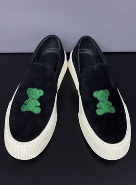 绿色小熊刺绣板鞋男真皮牛皮磨砂皮一脚蹬懒人乐福鞋休闲透气男鞋