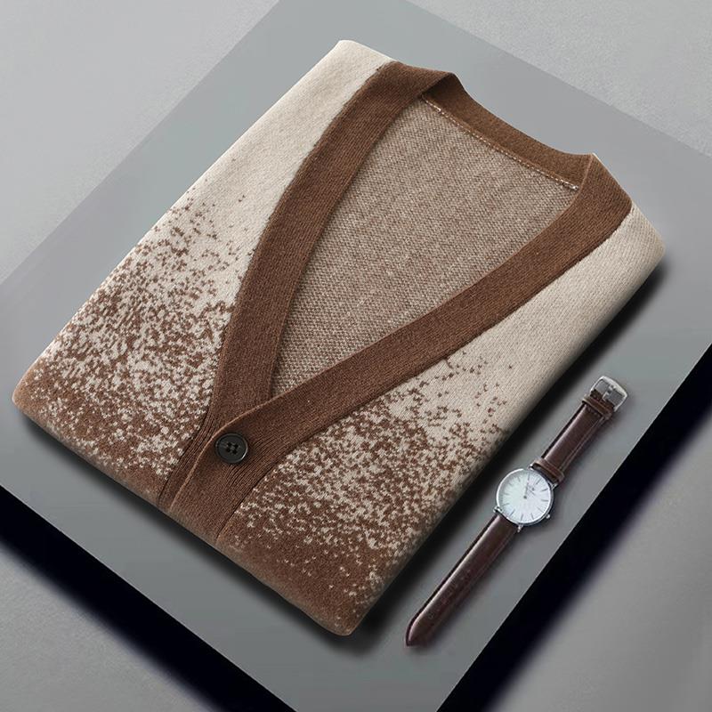 100山羊毛开衫男士V领渐变拼色加厚宽松显瘦外套毛衣羊绒针织上衣