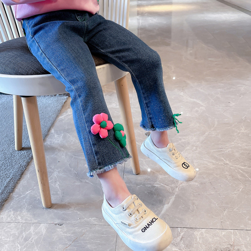 女童裤子春秋洋气时髦儿童牛仔裤毛边女孩长裤秋季韩版宝宝喇叭裤