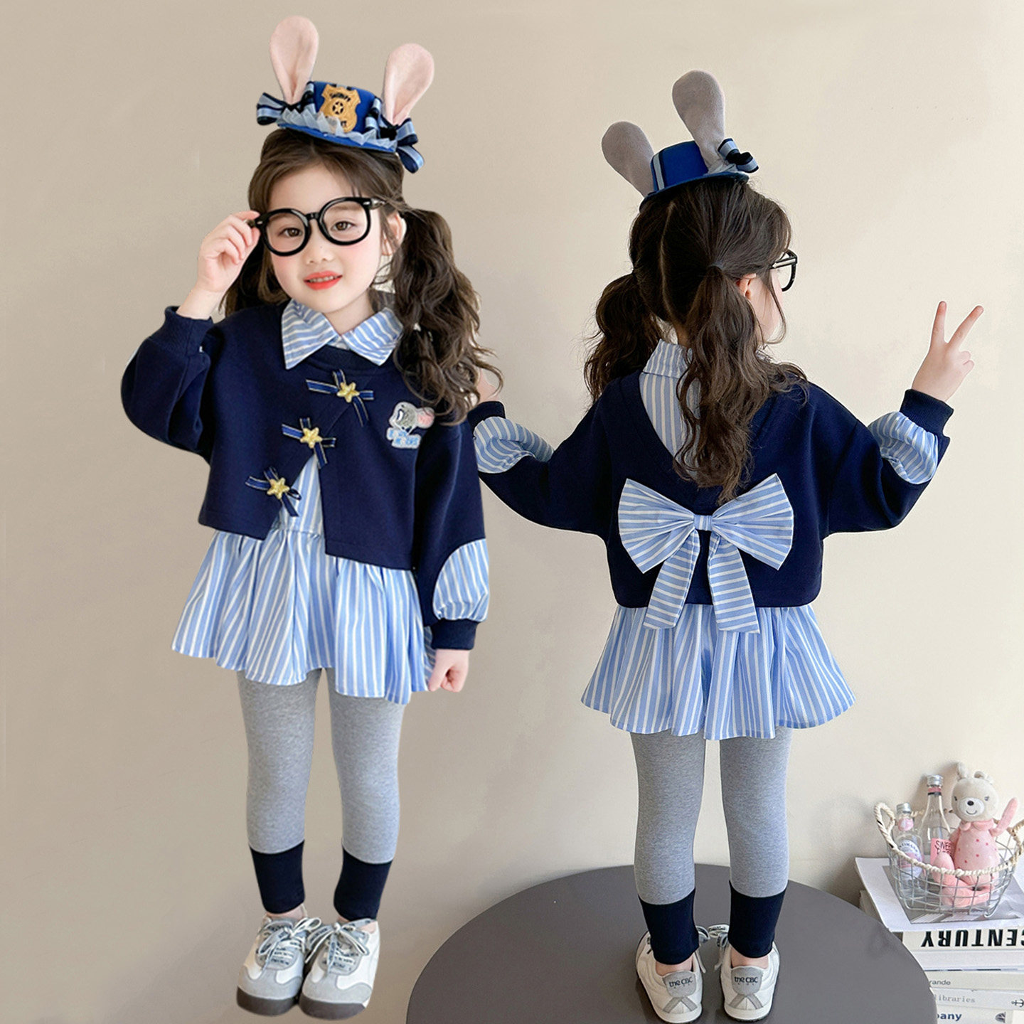 兔子警官女童套装春装洋气假两件儿童衬衫裙春秋女宝宝裙子两件套,童装/婴儿装/亲子装,套装,淘宝优惠券,粉丝福利购,淘宝优惠卷