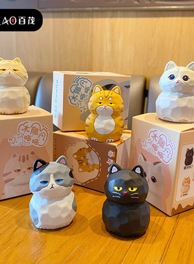百茂原创木雕风喵喵家族小号车摆件可爱创意树脂猫咪家居桌面