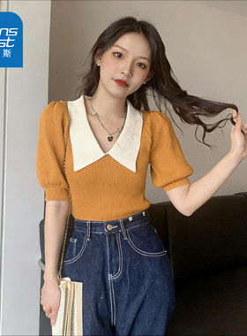 LYA真维斯法式针织短袖女款夏季2026新款小香风设计感娃娃领上衣