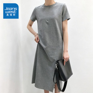 LYA真维斯浅灰色连衣裙女款2026夏季新款宽松休闲设计感开叉裙女