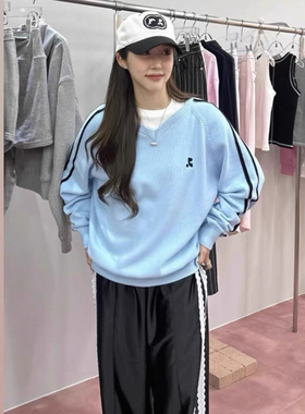 7609 韩国v领卫衣RR刺绣双杠条纹显瘦长袖男女同款上衣