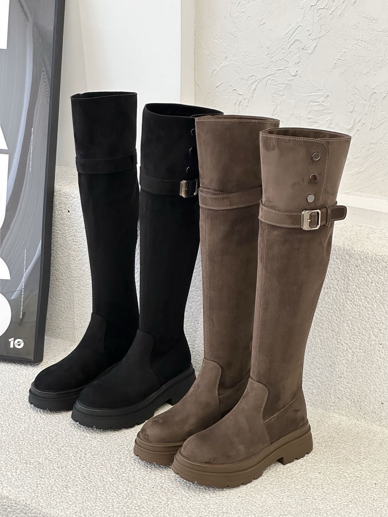 2025新款真皮女鞋时尚休闲圆头长筒靴女厚底平跟骑士靴过膝显瘦靴