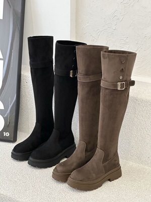 2025新款真皮女鞋时尚休闲圆头长筒靴女厚底平跟骑士靴过膝显瘦靴
