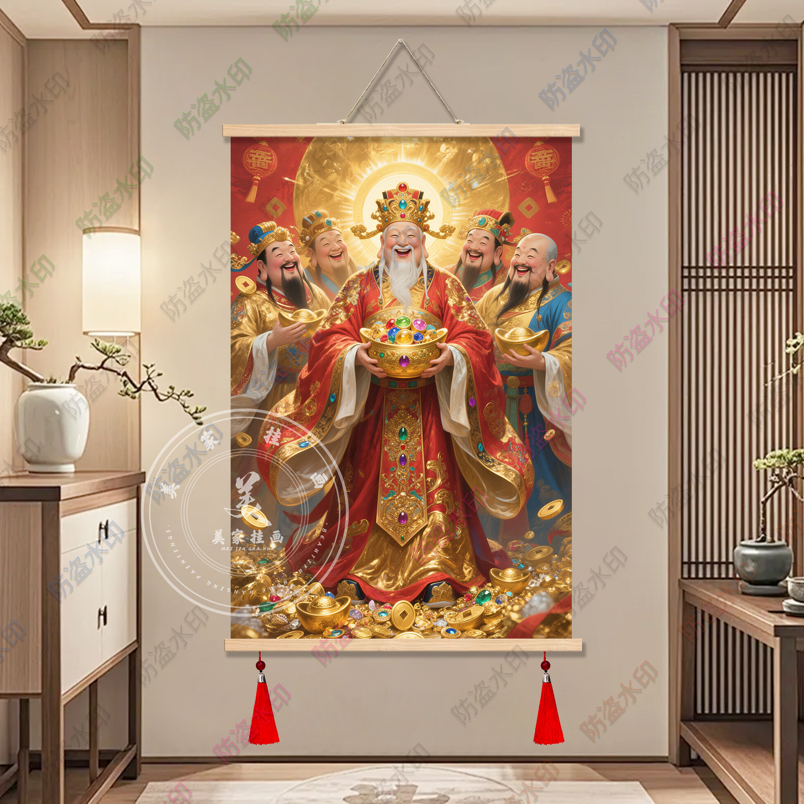 五路财神爷新中式玄关装饰画餐厅饭店走廊进门招财挂画风水装饰画图片