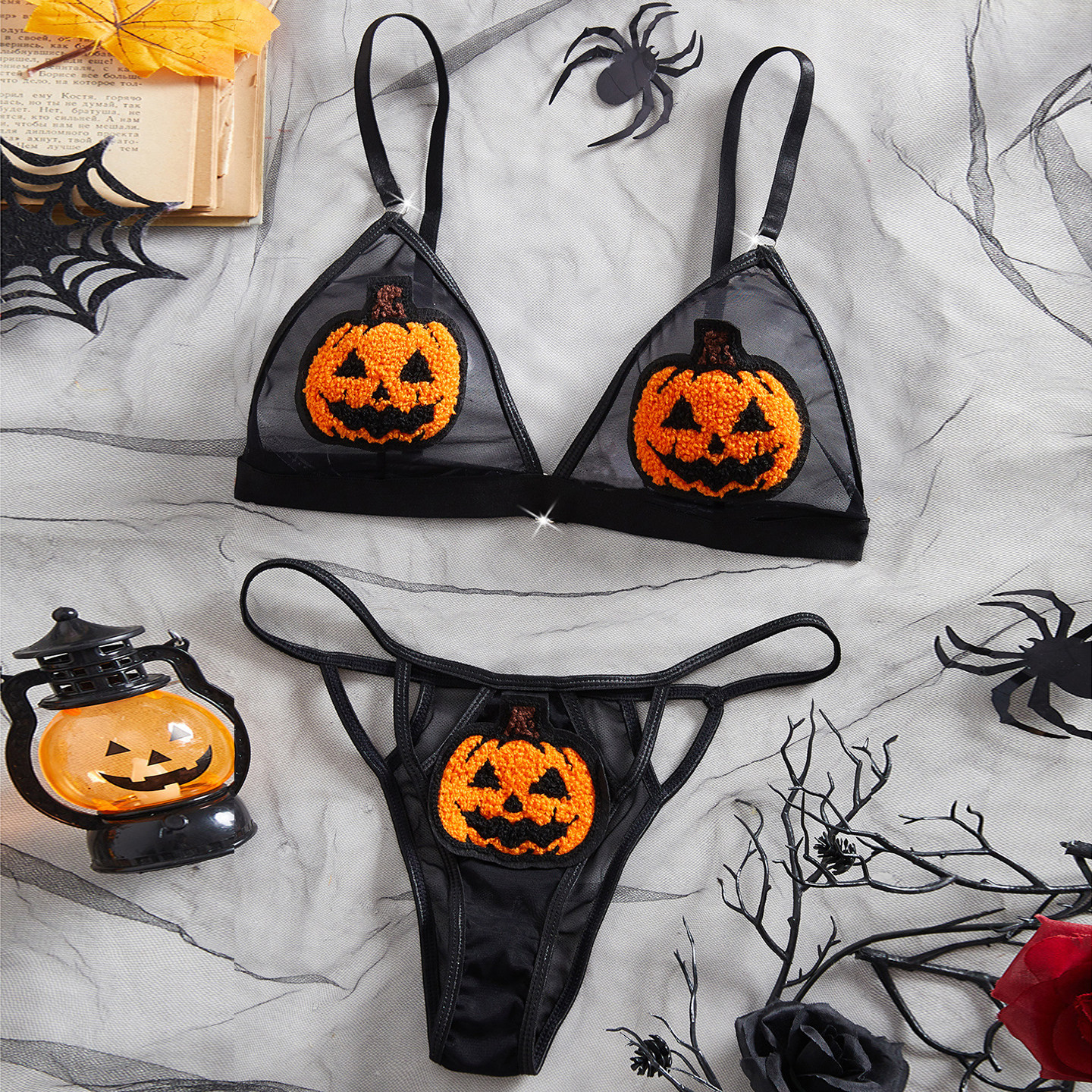 欧美万圣节搞怪鬼脸暗黑系性感内衣女诱惑文胸套装薄纱透明三点装