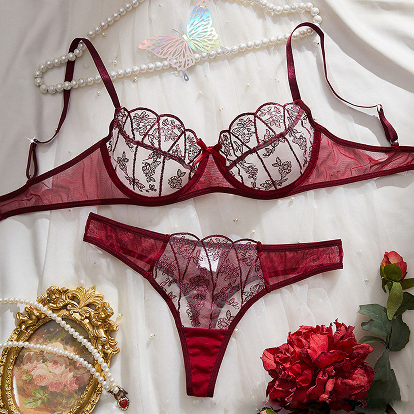 欧美超薄杯文胸套装薄纱刺绣钢圈聚拢透明三点大胸乳罩性感内衣