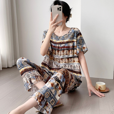 小个子防凸点棉绸睡衣女春秋夏短袖长裤家居服妈妈人造棉套装洋气