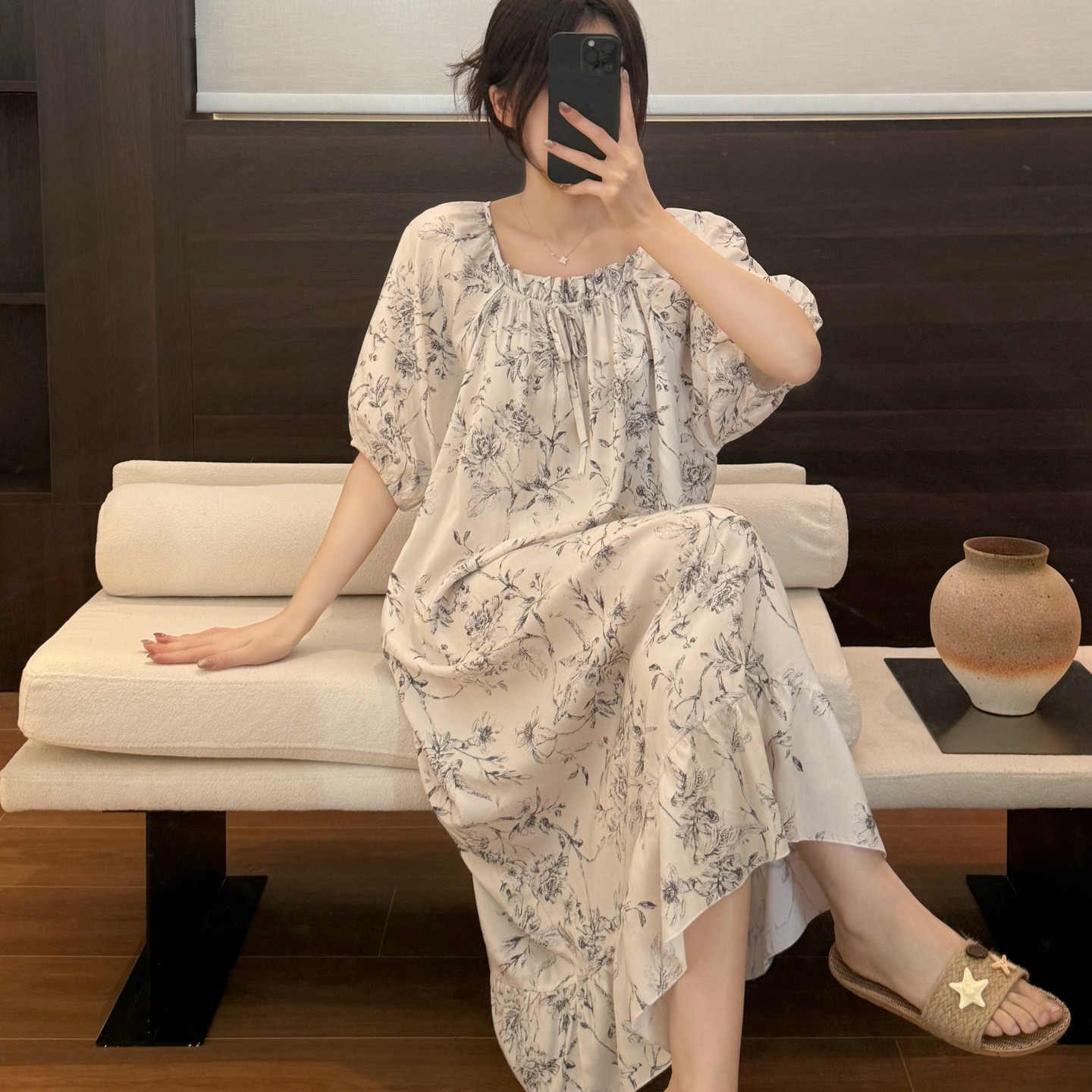 棉绸睡裙长款女夏裙子绵绸人造棉短袖睡衣裙连衣裙薄大码2026新款