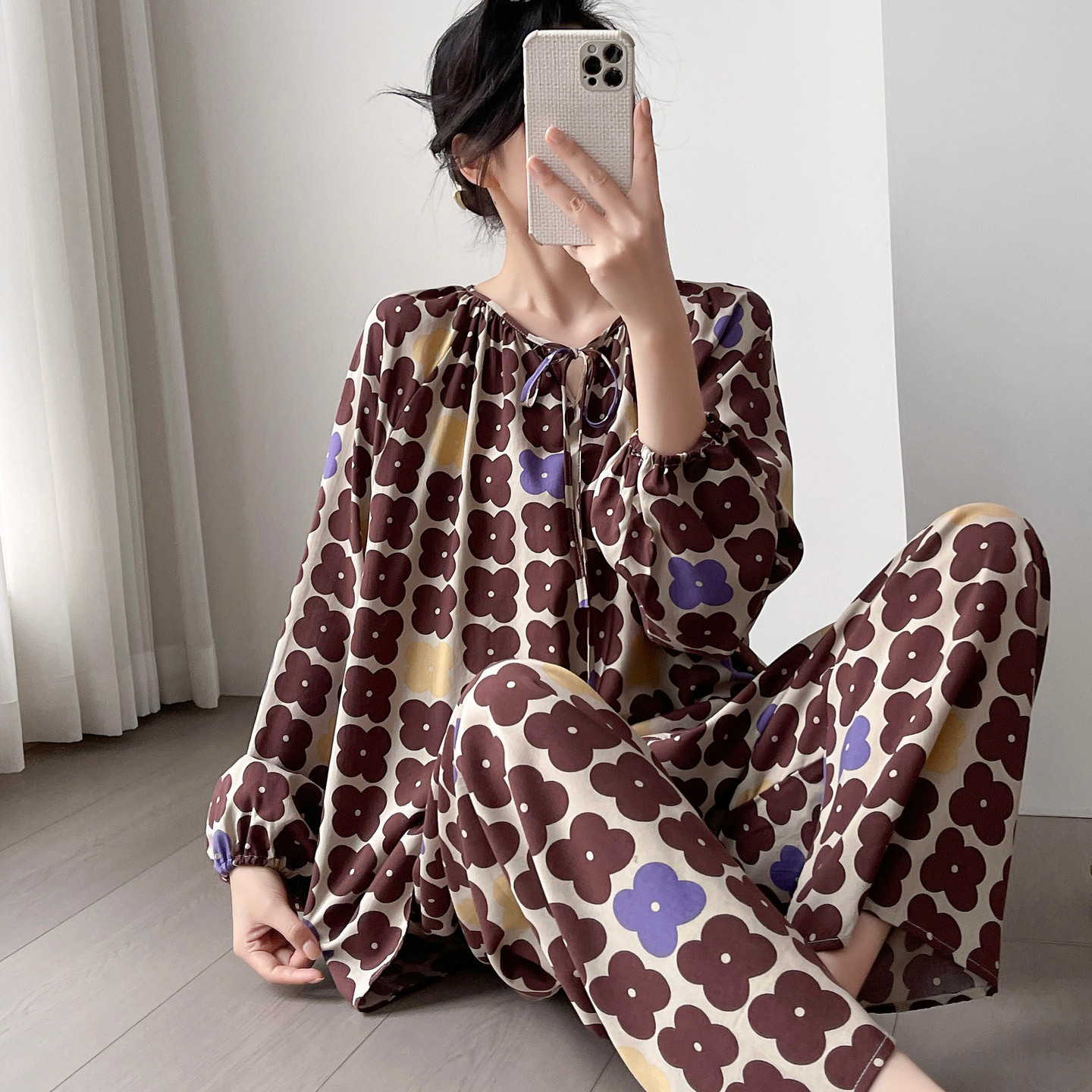 外超洋气穿棉绸睡衣女春秋夏薄长袖妈妈家居服人造棉套装大码胖mm