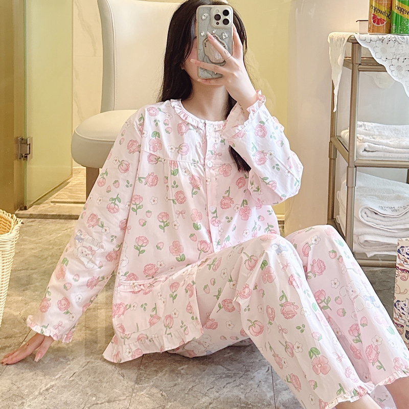 纯棉睡衣女春秋长袖夏季薄款全棉妈妈家居服棉布中老年套装大码