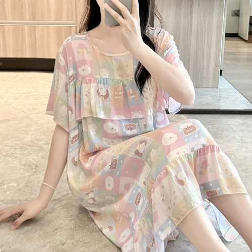 外穿防凸点棉绸睡裙女夏短袖绵绸睡衣孕妇人造棉薄连衣裙大码可爱