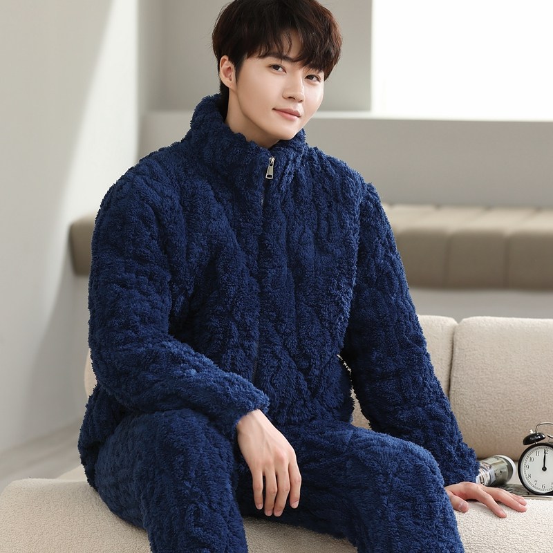 三层加厚夹棉睡衣珊瑚绒男冬加绒法兰绒套装家居服毛绒大码可外穿