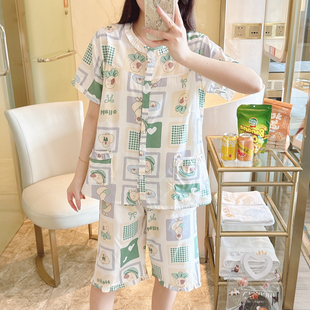 妈妈睡衣纯棉布料100全棉女夏短袖短裤家居服棉布套装小个子可爱