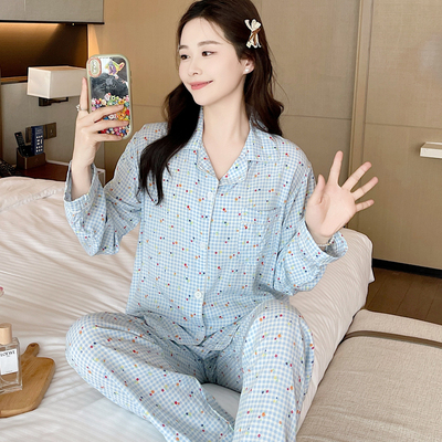 2025超火棉绸睡衣女春秋夏妈妈长袖薄款人造棉家居服绵绸套装格子