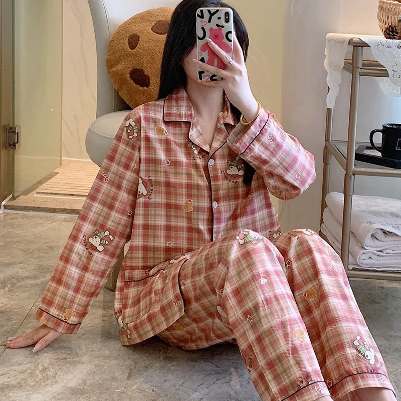 纯棉睡衣布料全棉女春秋长袖梭织棉布家居服格子套装薄款大码可爱