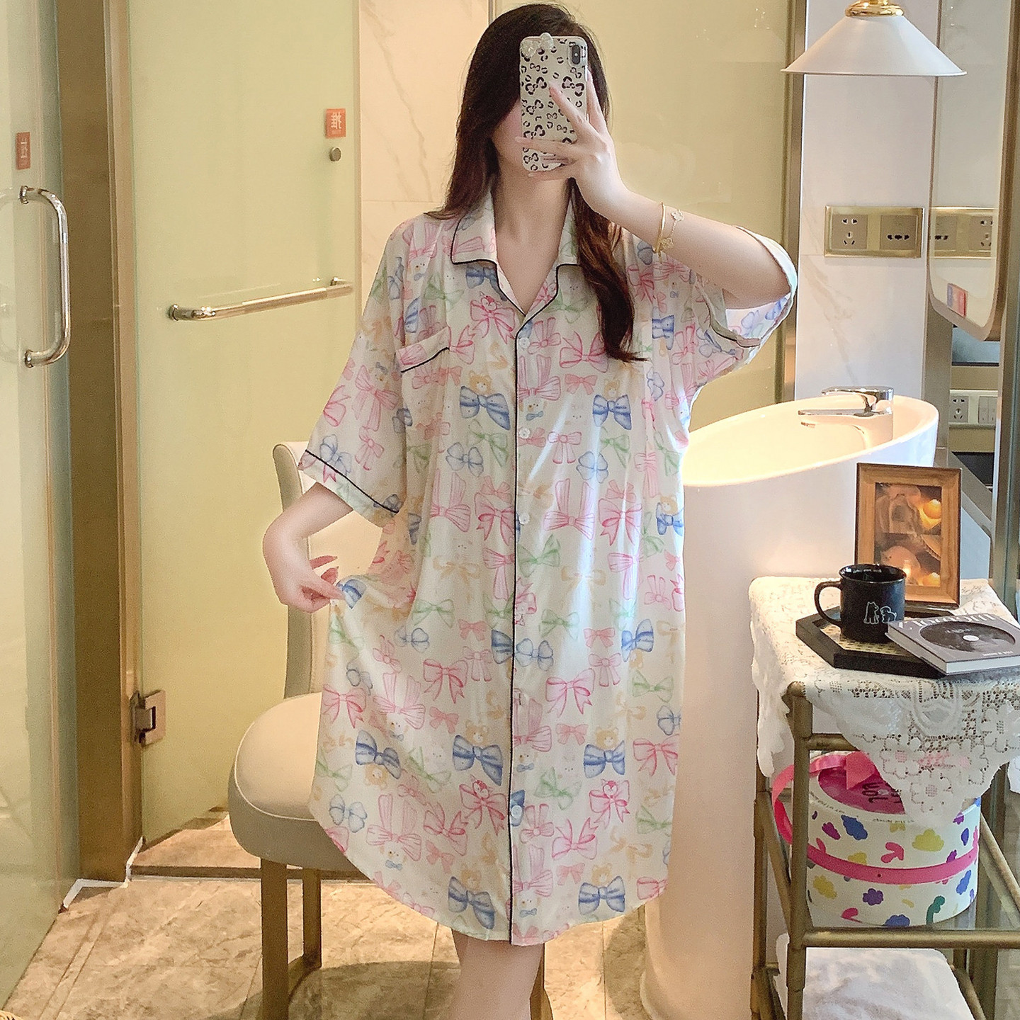 外穿棉绸睡裙女夏短袖衬衫睡衣孕妇人造棉连衣裙居家裙子大码胖MM