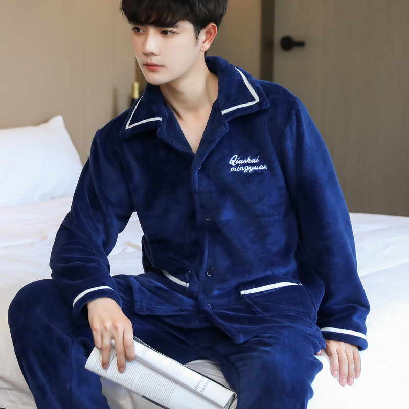 珊瑚绒睡衣男秋冬加厚加绒法兰绒家居服中老年人套装保暖加肥大码