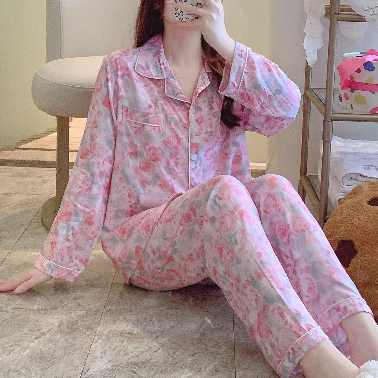 舒服棉绸睡衣女春秋妈妈长袖夏薄款人造棉家居服绵绸中老年人套装