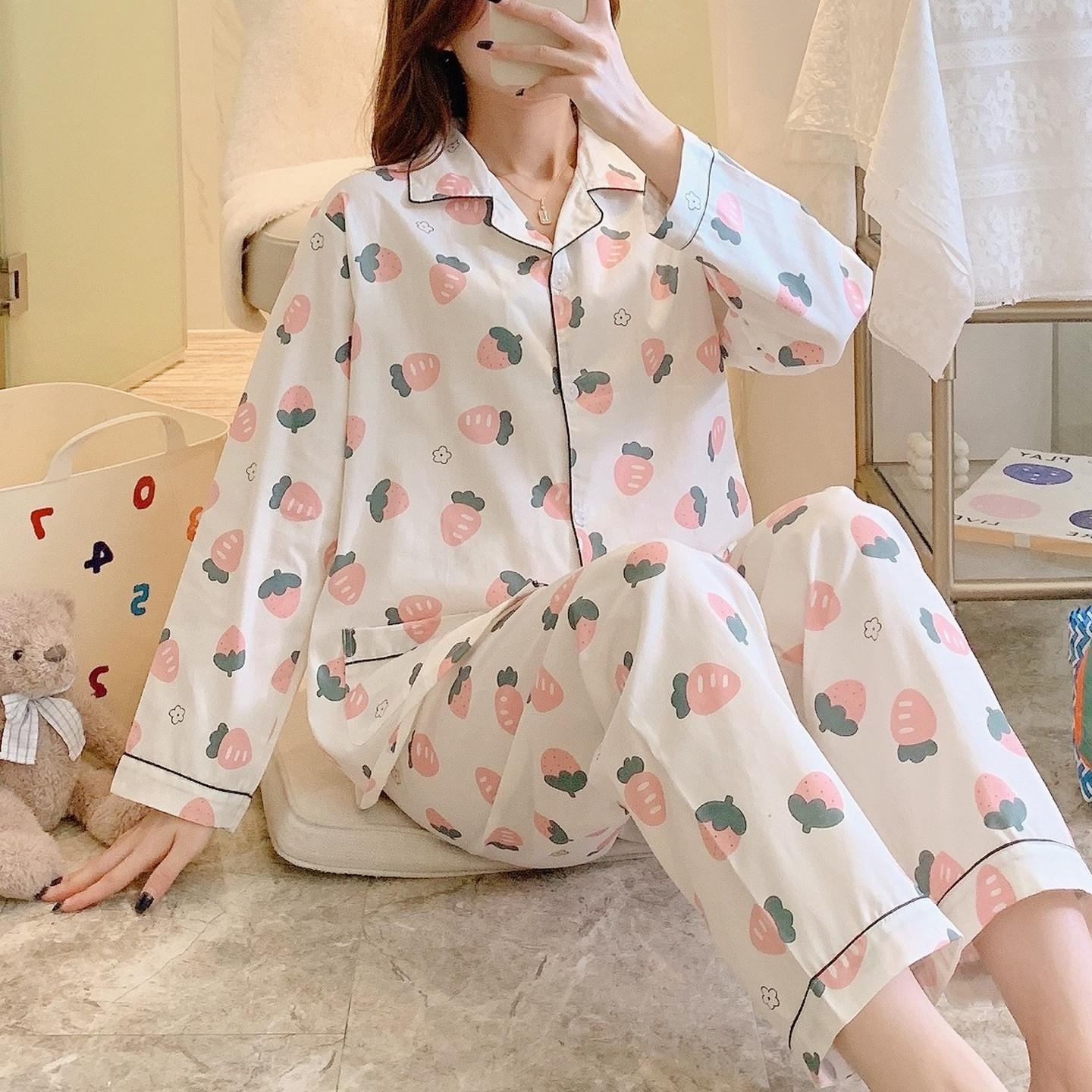 纯棉布料100全棉睡衣女春秋夏长袖薄妈妈月子家居服棉布套装日系