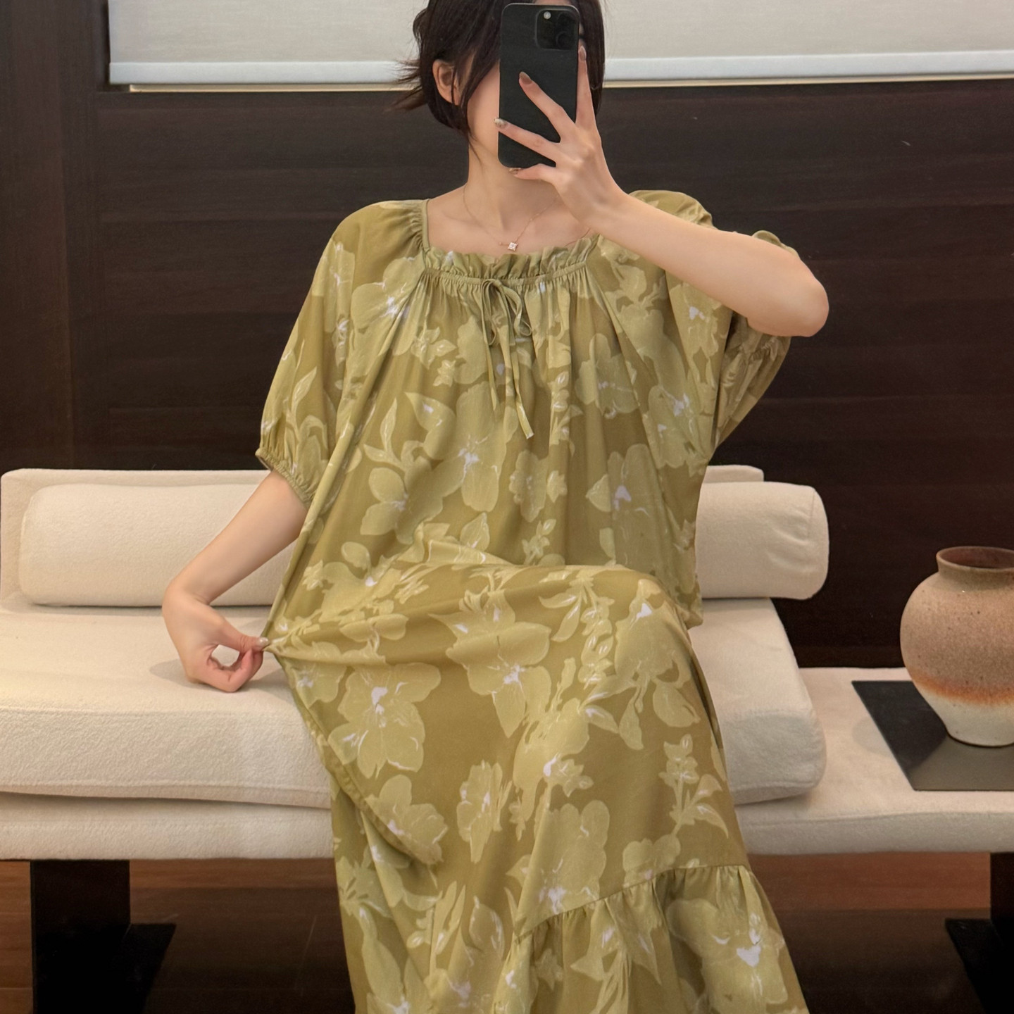 棉绸睡裙长款女夏裙子绵绸人造棉短袖睡衣裙连衣裙薄大码时尚洋气
